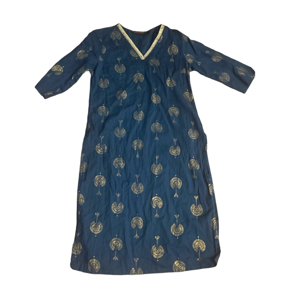 RANGMANCH EMBROIDERED BLUE AND GOLD TUNIC DRESS- so cute! SIZE MEDIUM